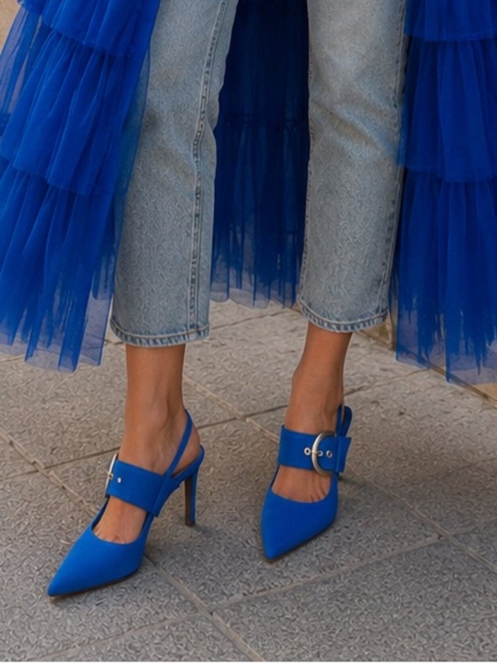 Women's Blue Pointed-Toe Slingback Heels with Decorative Buckle